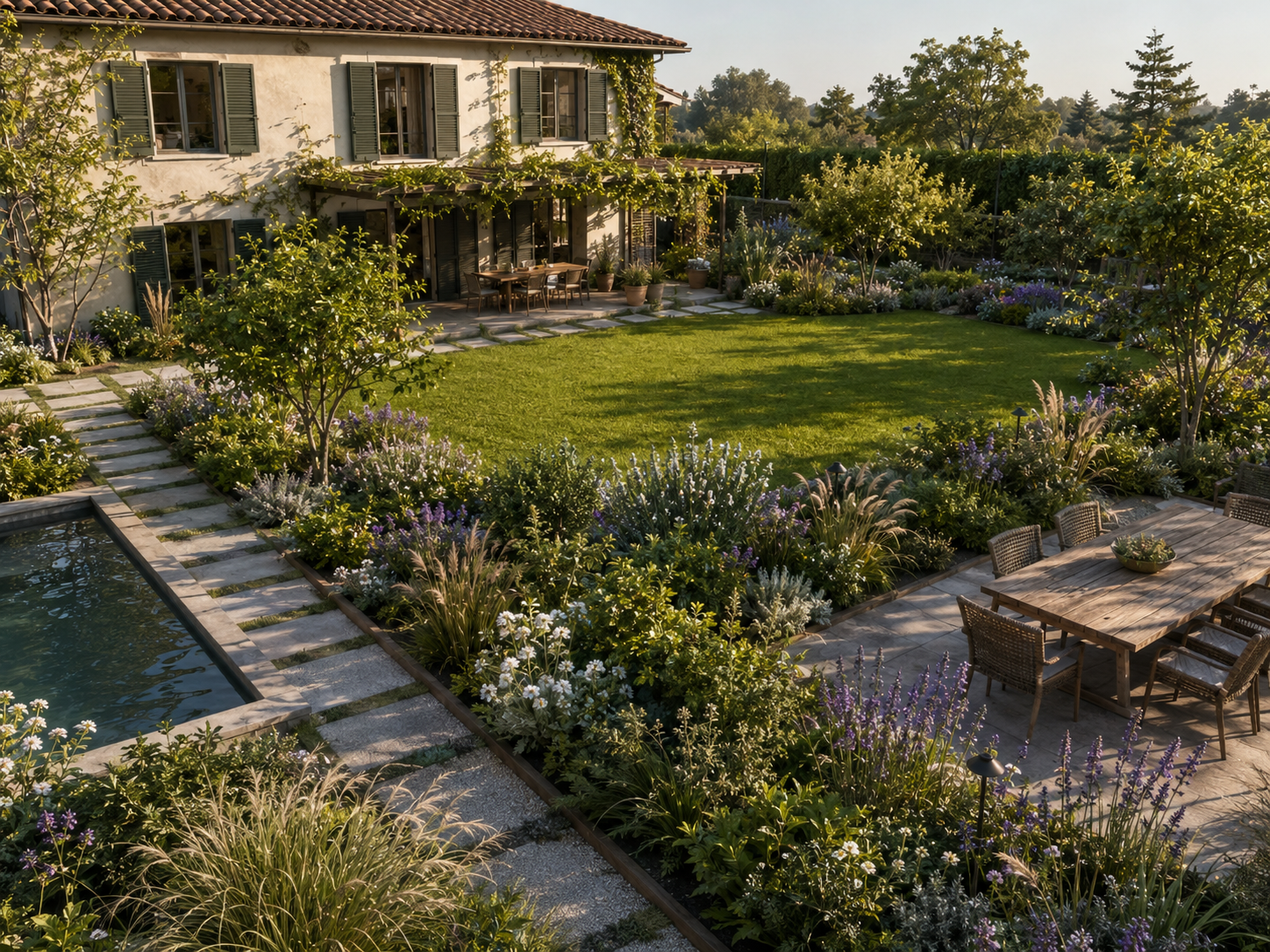 Visualizzazione progettuale di una corte familiare con prato centrale, bordure fiorite, deck relax e vasca d'acqua