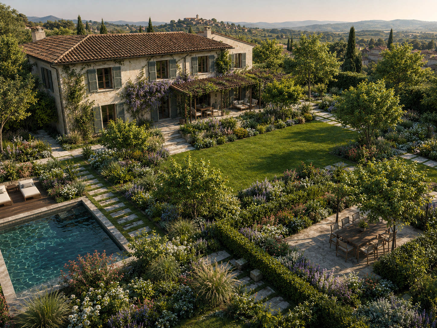 Visualizzazione progettuale di un grande giardino residenziale con piscina, prati, alberature e aree conviviali