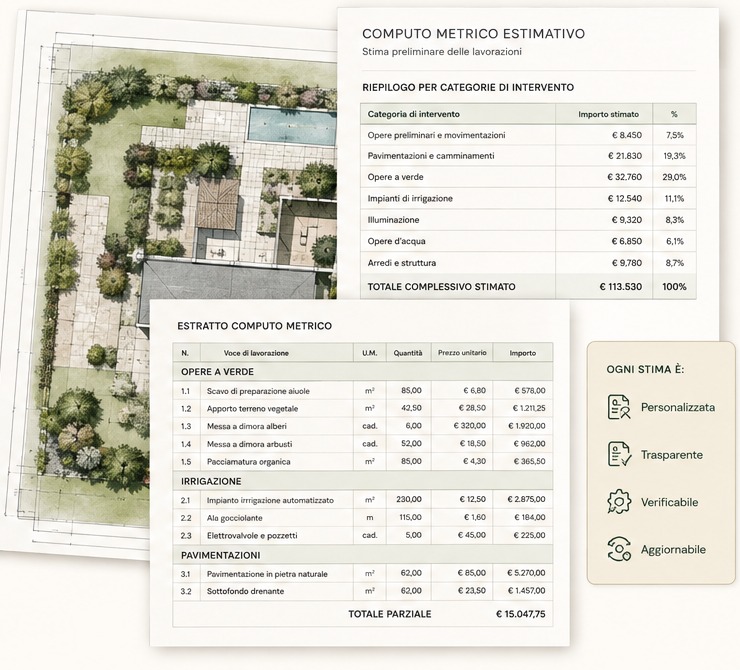 Esempio grafico di computo metrico estimativo per un giardino articolato, affiancato alla planimetria di progetto