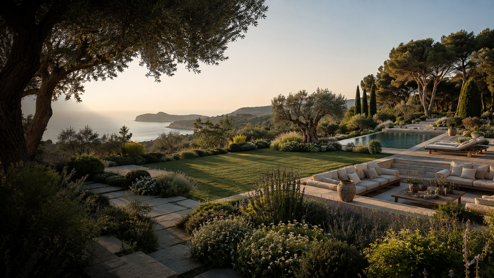 Giardino mediterraneo di lusso sul mare con piscina, prato, ulivi e grande vista panoramica